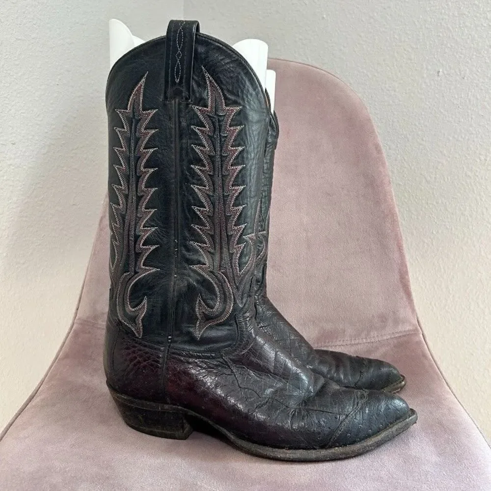 Vintage Men's Tony Lama Black Ostrich Leg Cowboy Boots J-Toe Size 9 Black Red